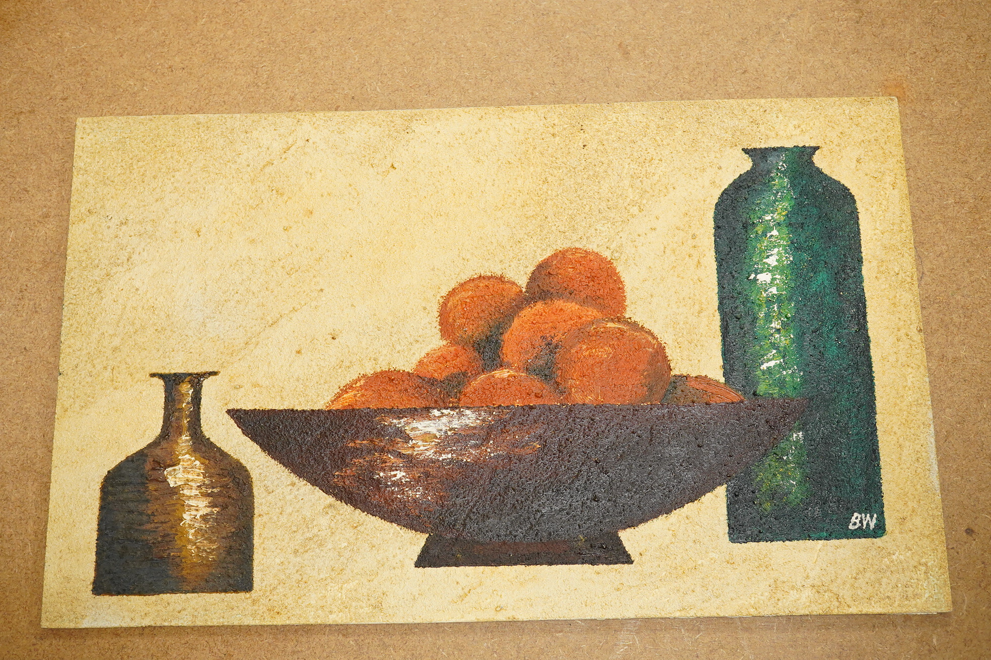B. H. Wells, still life of oranges and vessels, initialled, mid century impasto oil on board, unframed, 26 x 43cm